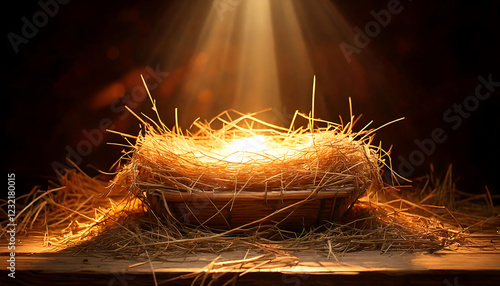 Dramatic, warm-lit image of a rustic wooden manger filled with hay. Perfect for Christmas, nativity, or religious themes.  Evokes feelings of hope, peace, and new beginnings. photo