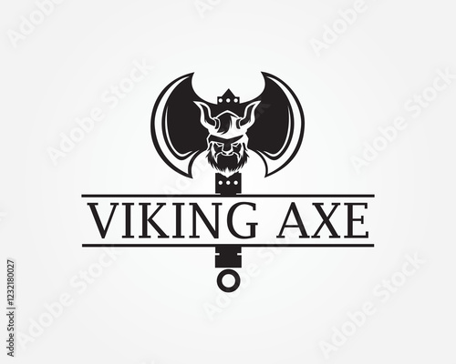 creative ax with a viking head in the middle logo design template