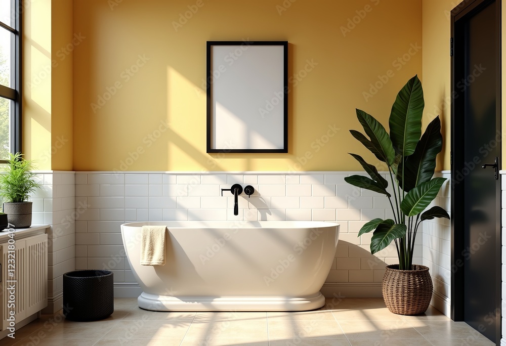Fototapeta premium Pastel Yellow Retro Bathroom: Cream Tiles, Black Framed Art, Morning Light, Lived-in Design, Minimalist Style, Monstera Plant, Black Accents, Vintage Vibe, Simple Space, Clean Style. 