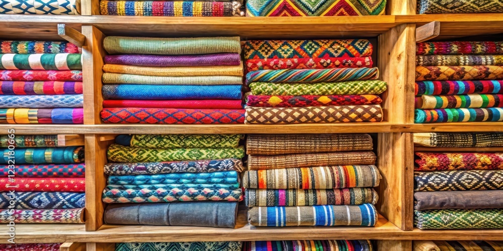 Vibrant fabrics of various textures and patterns on a wooden shelf in a cozy fabric shop, natural fibers, woven fabrics Vibrant fabrics of various textures and patterns on a wooden shelf in a cozy fabric shop, natural fibers, woven fabrics