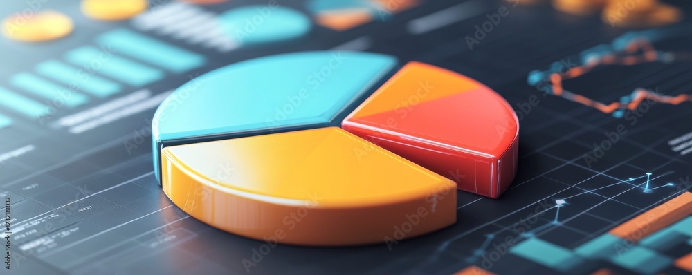 Fototapeta premium Colorful 3d pie chart is displayed on a digital screen with other graphs and charts, visualizing market share and financial data analysis