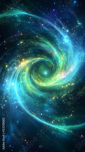 Cosmic Spiral: A mesmerizing abstract image depicting a swirling cosmic spiral in vibrant hues of blue, green, and yellow.