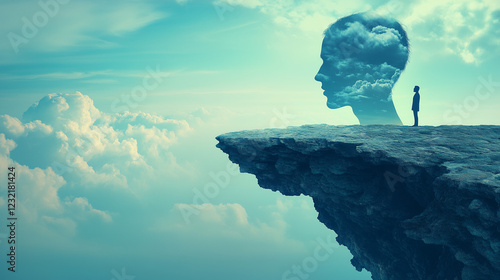 Surreal Figure Standing on Rock in Clouds with Human Head Shadow Silhouette, Concept of Mind, Ego, Solitude and Imagination, Psychological and Dreamlike Scene.