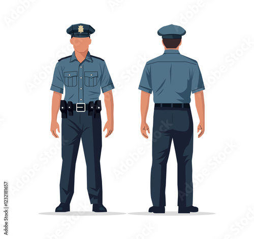 Vector illustration of a policeman in uniform shown from both front and back views. Features detailed design with a badge, belt, and hat. Ideal for security, law enforcement, and public safety themes