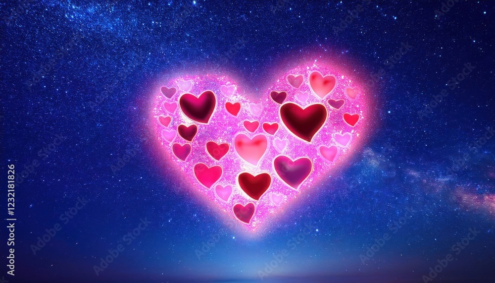 Colorful heart shapes glowing in the night sky with a deep blue backdrop filled with stars and a captivating cosmic atmosphere Colorful heart shapes glowing in the night sky with a deep blue backdrop filled with stars and a captivating cosmic atmosphere