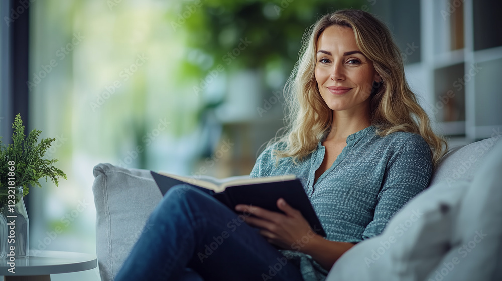 Smiling Blonde Woman Reading a Book in Blue Sweater, Sitting on Couch, Enjoying Cozy Lifestyle at Home, Relaxing and Learning. Smiling Blonde Woman Reading a Book in Blue Sweater, Sitting on Couch, Enjoying Cozy Lifestyle at Home, Relaxing and Learning.