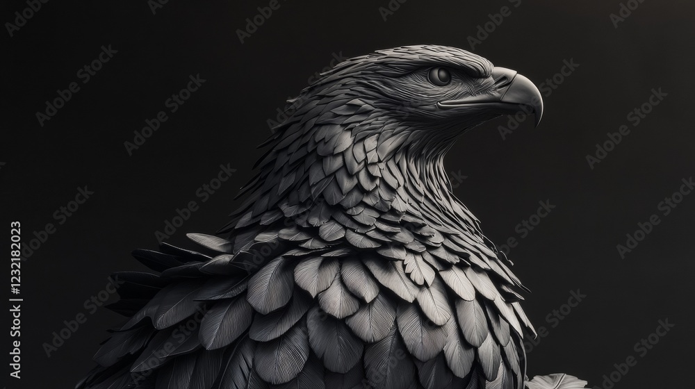 Fototapeta premium Monochrome eagle sculpture profiling detailed feathered wingspan, casting sharp silhouette against shadowy background