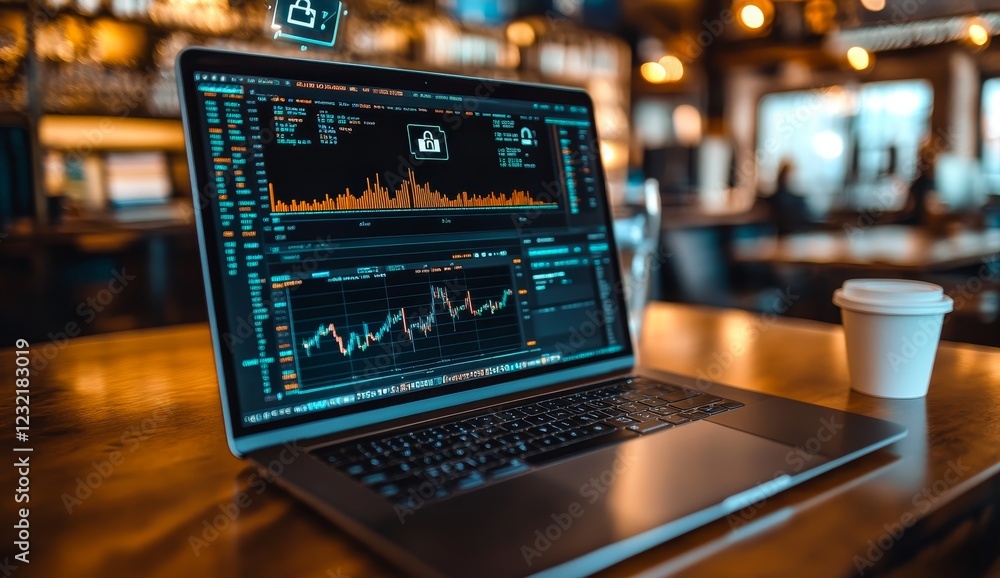 Laptop displaying stock market data on a table in a cafe. Laptop displaying stock market data on a table in a cafe.
