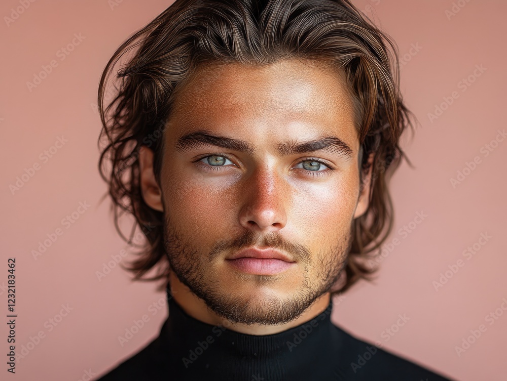 Close up portrait of young man with medium brown hair and green eyes on pink background Close up portrait of young man with medium brown hair and green eyes on pink background
