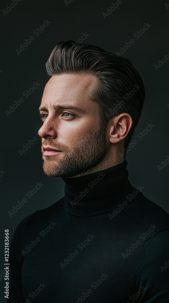 Obraz premium In a dimly lit interior, a modern man with slicked-back jet-black hair poses thoughtfully. Wearing a fitted turtleneck, he embodies sophistication and calmness, lost in deep contemplation