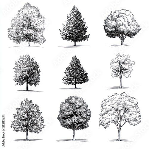 Nine Detailed Ink Drawings of Various Tree Types photo