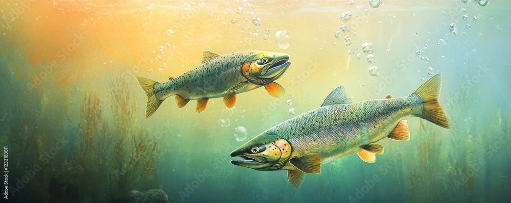 Fototapeta premium Two trouts swimming underwater in a river with air bubbles rising to the surface and algae on the bottom