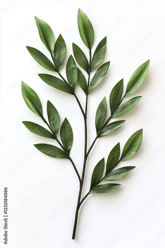 Fototapeta premium sprig of deep green leaves elegantly arranged against stark white background
