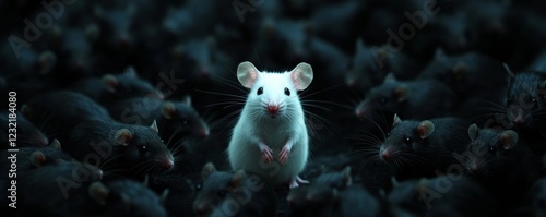 Concept of diversity and being unique, white mouse standing out in a crowd of black mice, individuality and difference