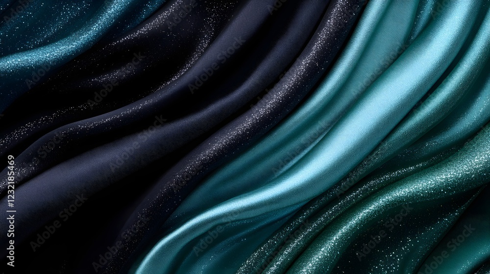 Obraz premium Serene Teal and Navy Silk Drapery: Luxurious folds of teal, navy, and deep green silk create a captivating abstract image, showcasing the rich textures and subtle shimmer of the fabric.
