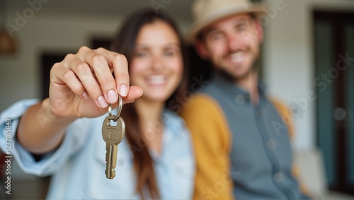 Triumph after months of searching: holding keys to a bright, modern dream apartment, symbolizing perseverance and the joy of finding home