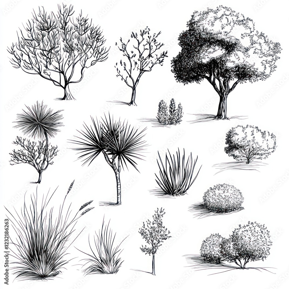 Fototapeta premium Ink Drawings of Various Trees and Plants