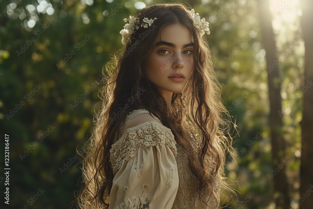 Naklejka premium cinematic photo of a young woman with long wavy hair adorned with small flowe in a serene forest setting, wearing an ornate beige dress with intricate embroidery and floral accents 