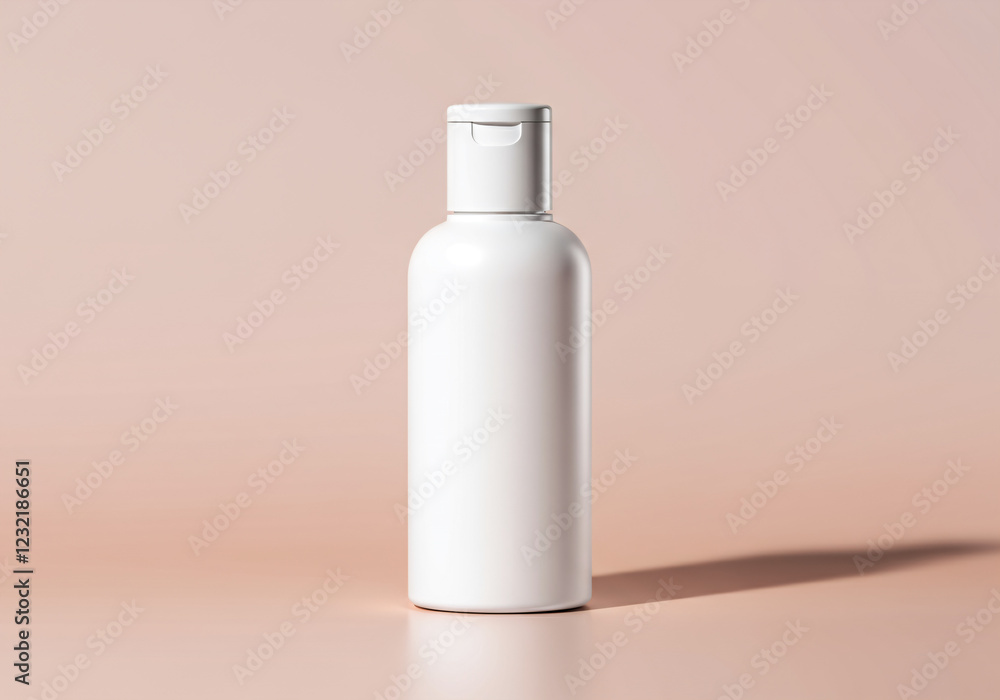 Minimal white cosmetic bottle on a soft beige background Minimal white cosmetic bottle on a soft beige background