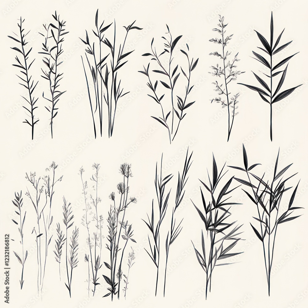 Obraz premium Twelve Ink Drawings of Various Grasses and Wildflowers