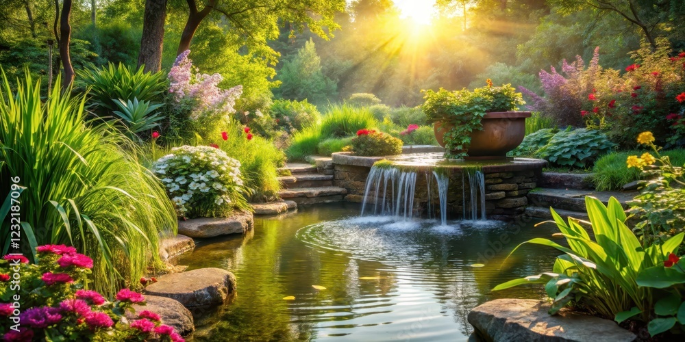 A serene water feature in a lush garden setting with soft sunlight filtering through trees and flowers, pool, feature, pool A serene water feature in a lush garden setting with soft sunlight filtering through trees and flowers, pool, feature, pool
