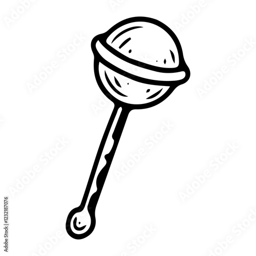 Baby rattle with handle. Hand drawn doodle. Musical toy for newborn entertainment. Child's educational games. Play decoration. Childhood. Vector line art illustration.
