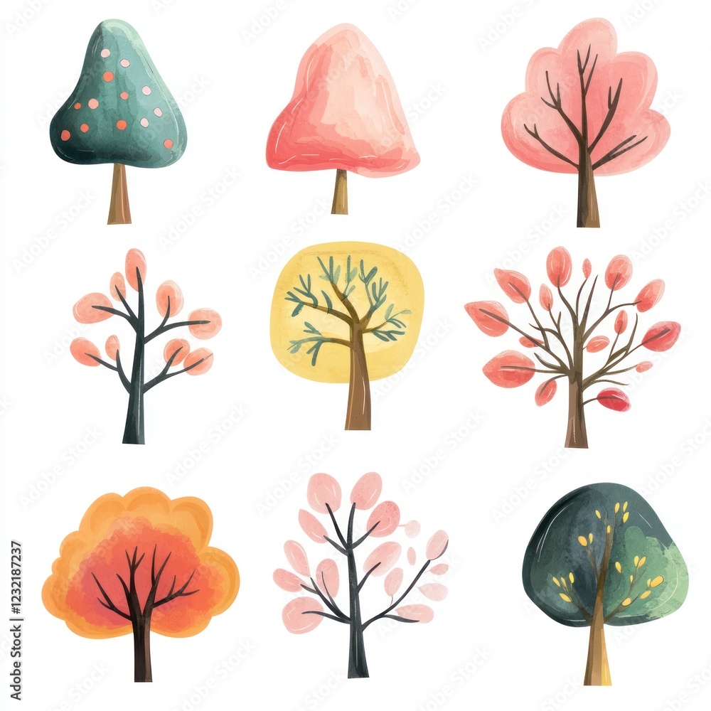 Obraz premium Nine Watercolor Trees Displayed in a Grid Pattern