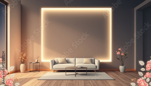 Wallpaper Mural Stylish living room with illuminated frame, light sofa, plants and roses, modern and elegant interior. Torontodigital.ca