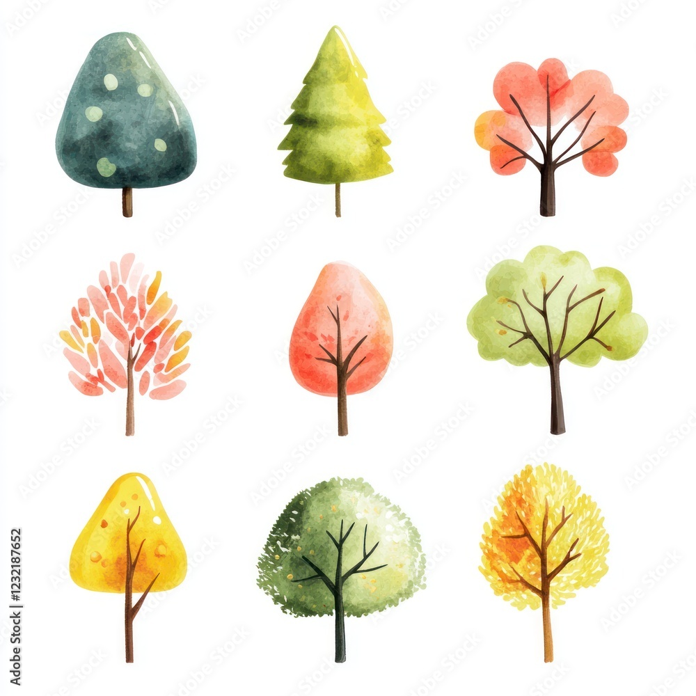 Watercolor Illustrations of Nine Different Autumn Trees Watercolor Illustrations of Nine Different Autumn Trees