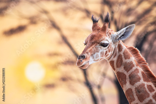 Canvas Print Young giraffe against sunset. Photography taken in zoo