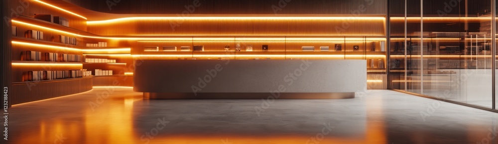 Modern Reception Area with Warm Lighting and Minimalist Design