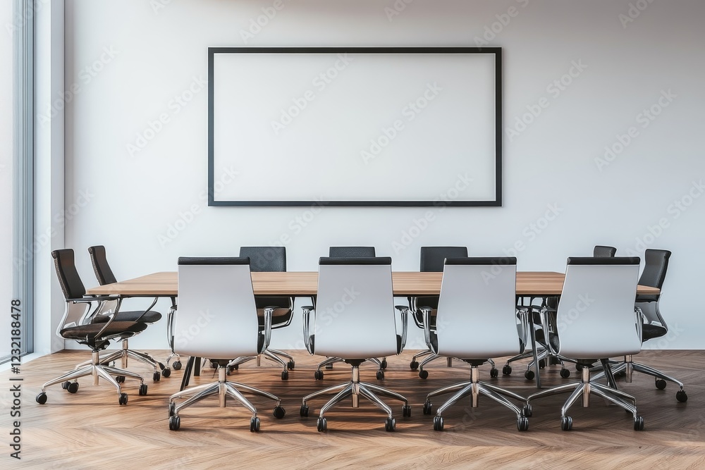 Modern conference room with large blank frame, wooden table, and white chairs. Modern conference room with large blank frame, wooden table, and white chairs.