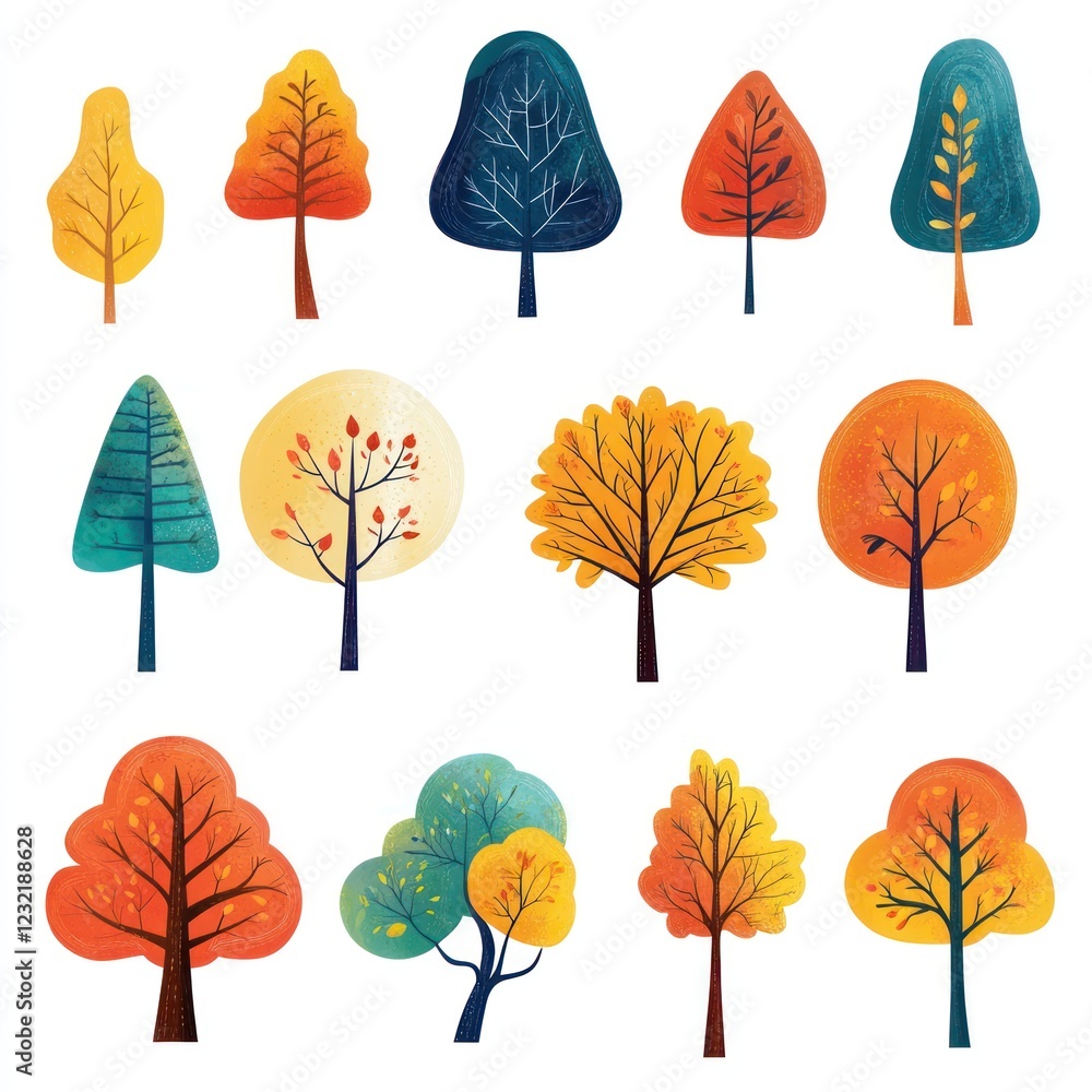 Twelve Autumn Trees Illustrated In Various Colors And Shapes Twelve Autumn Trees Illustrated In Various Colors And Shapes