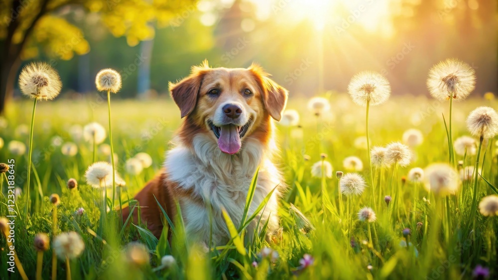A happy healthy dog sits in a dandelion blowball flower herb field surrounded by tall green grass and colorful wildflowers on a sunny day, outdoor scene, herbage field A happy healthy dog sits in a dandelion blowball flower herb field surrounded by tall green grass and colorful wildflowers on a sunny day, outdoor scene, herbage field
