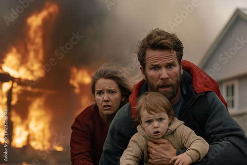 A terrified family, carrying a baby, runs from their home as massive flames engulf the house. Fear and urgency are visible on their faces as they flee.
ard