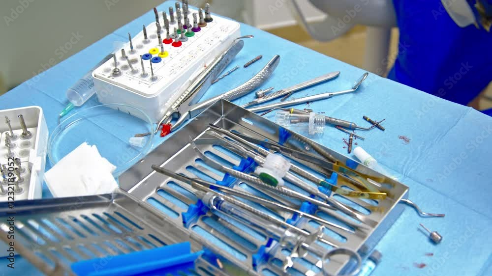 A dentist's table prepared for extraction with sterile utensils. Tooth pulled out with blood on the dentist's table. Sterile dental extraction tools. Dental surgical procedure. A dentist's table prepared for extraction with sterile utensils. Tooth pulled out with blood on the dentist's table. Sterile dental extraction tools. Dental surgical procedure.