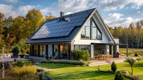 Solar panels on the gable roof of a beautiful modern home.