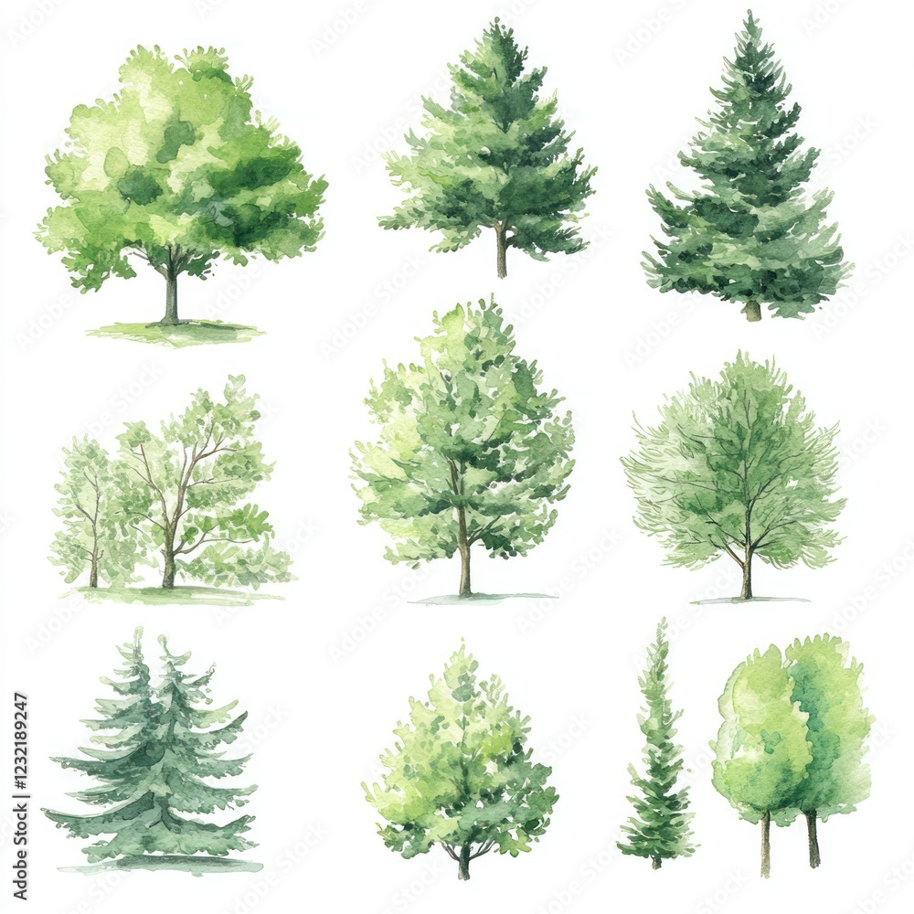 Watercolor Collection of Various Green Trees and Conifers Watercolor Collection of Various Green Trees and Conifers