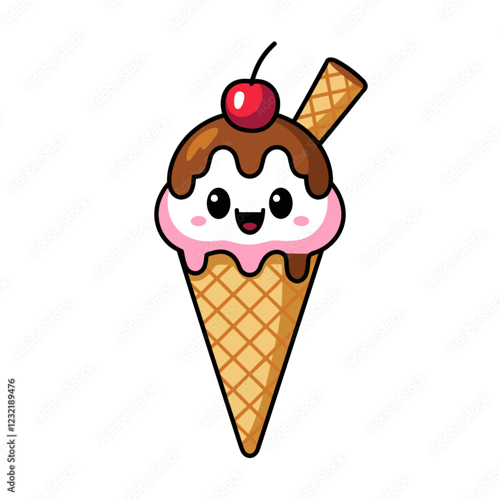 Kawaii Ice Cream Cone with Cute Face Kawaii Ice Cream Cone with Cute Face
