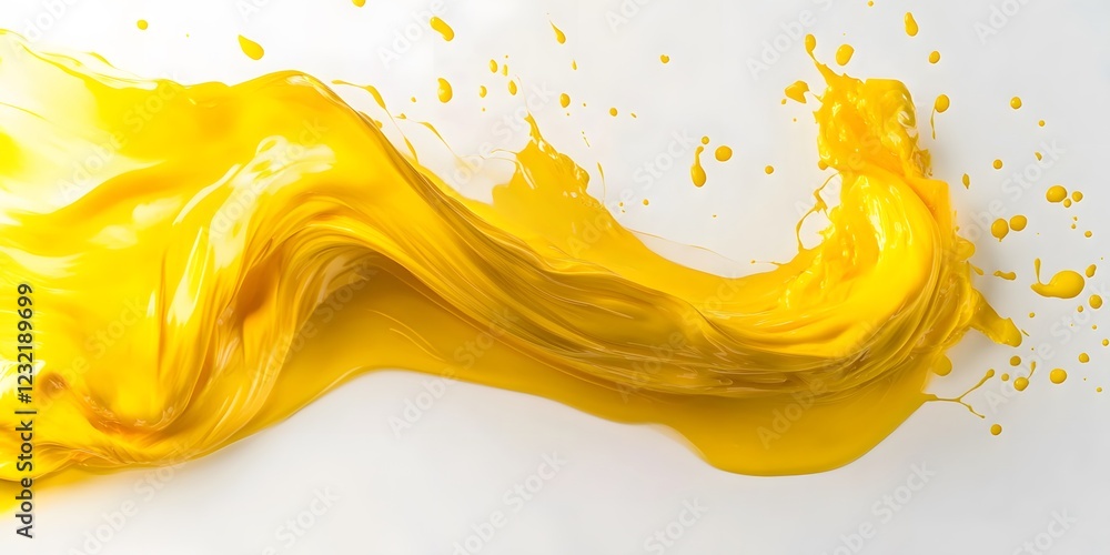 Fototapeta premium Vibrant yellow paint fluid flowing on a white background, creates a visual effect, generative AI