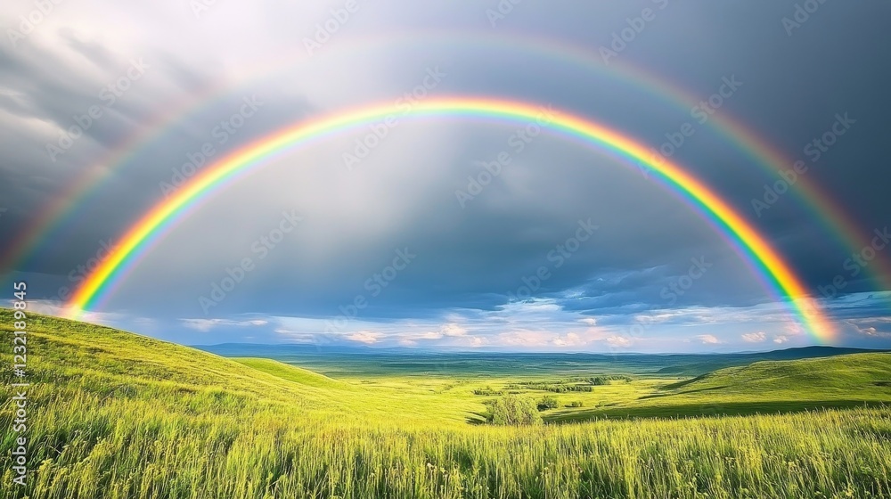 A stunning, multicolored rainbow arcs gracefully over a vibrant green field that lies beneath a cloudy sky A stunning, multicolored rainbow arcs gracefully over a vibrant green field that lies beneath a cloudy sky
