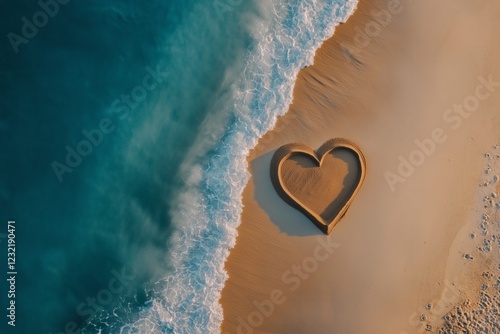 Top View of Heart Shape Drawn in Sand by the Ocean photo