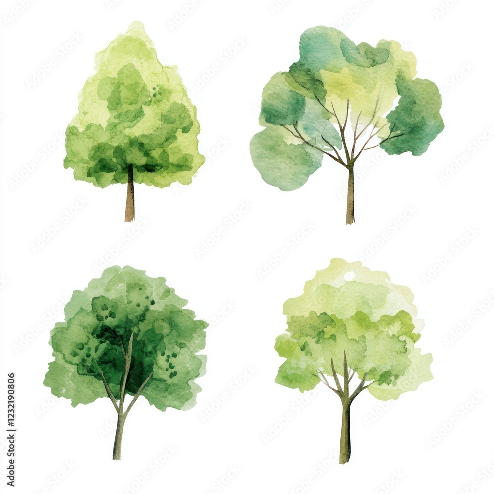 Obraz premium Watercolor Painting of Four Different Green Trees