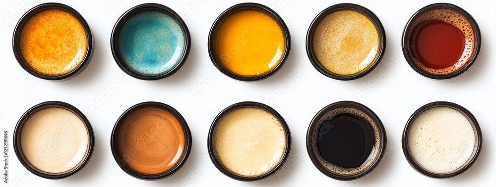 Ten small bowls with various colorful liquids, overhead shot. Ten small bowls with various colorful liquids, overhead shot.