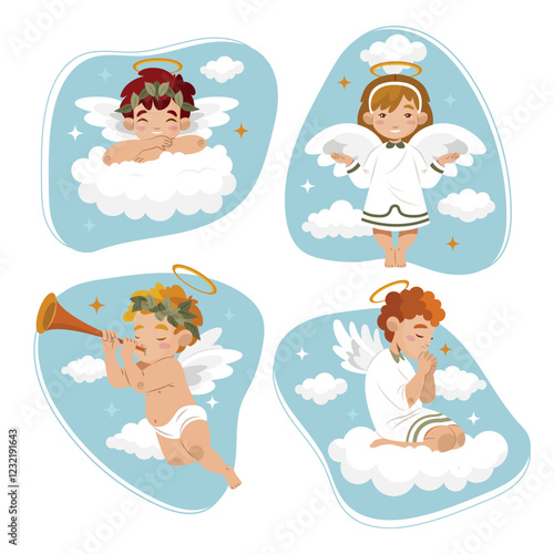 Cute Cartoon Angels on Clouds
