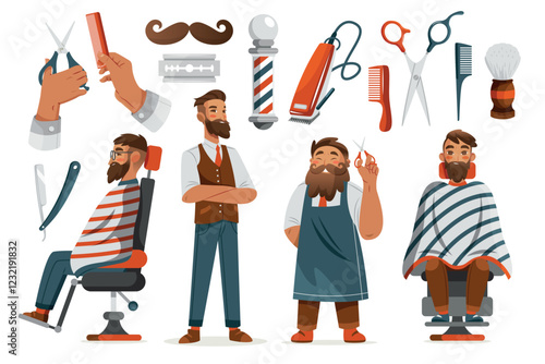 Barbershop Illustration with Tools and Barbers