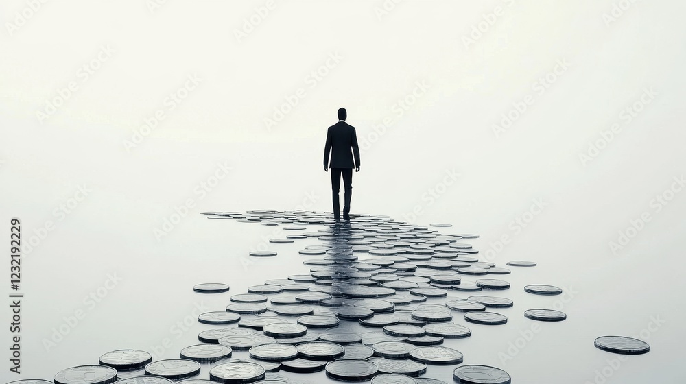 A surreal visual of a businessman walking on a bridge made of coins, financial journey concept, artistic render, isolated on white background. A surreal visual of a businessman walking on a bridge made of coins, financial journey concept, artistic render, isolated on white background.