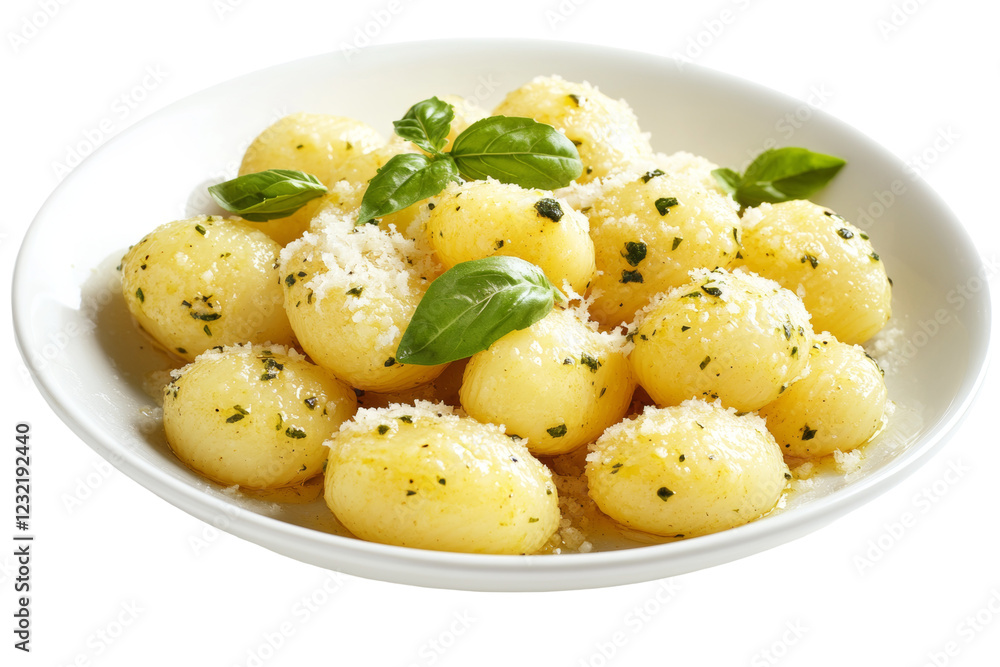 Close Up Of Small Yellow Potatoes With Fresh Basil And Parmesan Close Up Of Small Yellow Potatoes With Fresh Basil And Parmesan