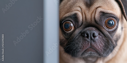 Close-up Photograph of Fawn Pug's Face Partially Hidden Behind Grey Surface
