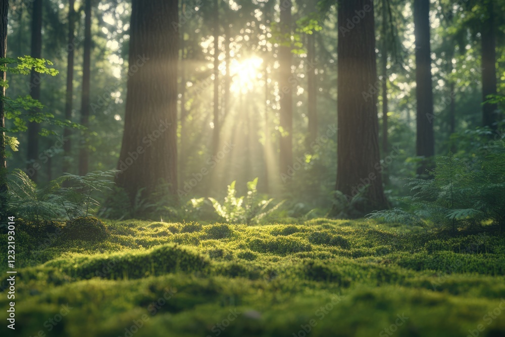 Obraz premium Sunlight filters through tall trees in a tranquil forest setting at dawn